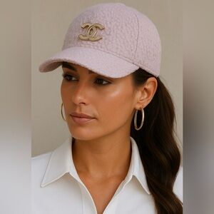 Custom Pink Boucle Baseball Cap with Authentic Chanel CC Emble